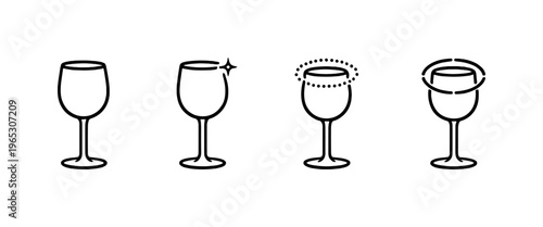 Minimal line icons of wine glasses showing different states, including plain cup, sparkling shine, dotted rim highlight, and swirling liquid motion on gray background
