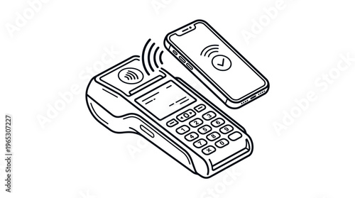 A sleek smartphone is wirelessly processing a secure contactless payment transaction with a modern point-of-sale terminal.