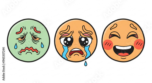 Emotional emoji face icons set, sad crying and happy laughing character expressions, sick green and upset orange cartoon avatars, vector illustration