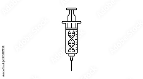 Black line art icon representing a medical syringe containing a visible, winding deoxyribonucleic acid molecule structure.