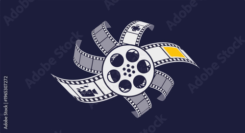 Stylized film reel with swirling celluloid strips on dark blue background