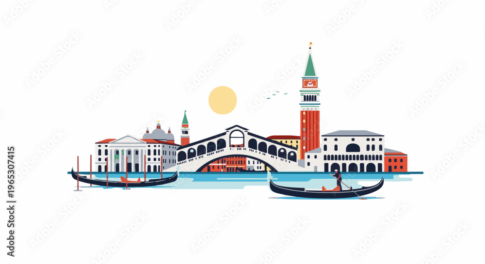 Fototapeta premium Stylized flat illustration of Venice with canals, gondolas and iconic buildings