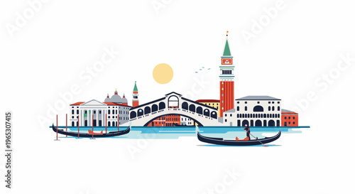 Stylized flat illustration of Venice with canals, gondolas and iconic buildings