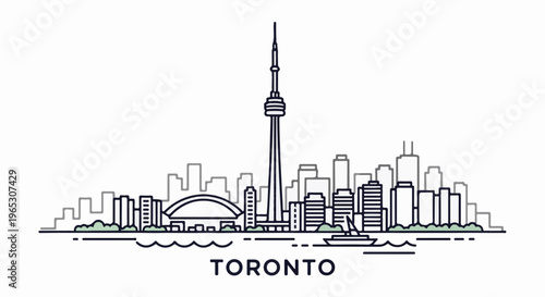 Stylized line drawing of a city skyline with a tall tower and waterfront