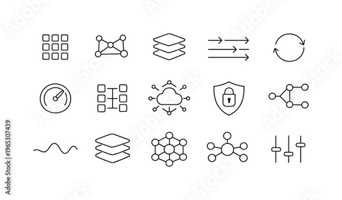 Minimal line icon set for data analytics and cloud technology, featuring network graphs, layers, flow arrows, security shield, sliders, and sync symbols