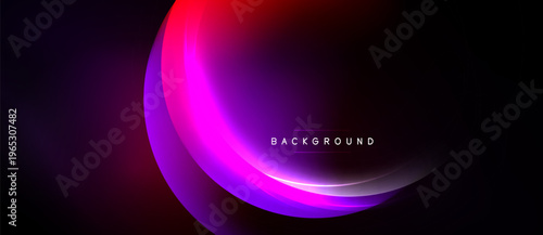 Abstract design features vibrant purple, pink, red gradients. Dark background emphasizes glowing circular layers, creating dynamic visual effect.