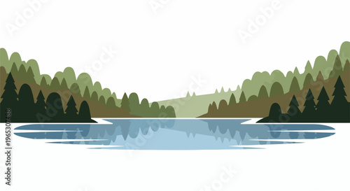 Stylized forest and water landscape with mirrored reflection