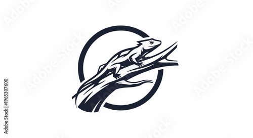 Stylized lizard perched on a branch within a circular frame