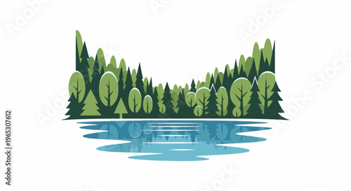 Stylized forest with reflection on serene water