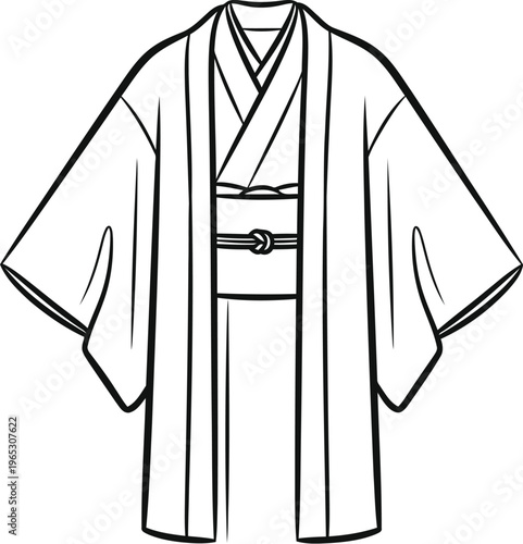 Black and white line art illustration of a traditional japanese kimono garment for clothing design