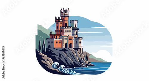 Stylized fortress atop a rocky cliff overlooking a blue ocean with waves