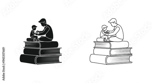 Father and child sitting on stack of books learning together Vector