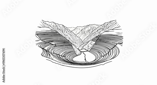 Stylized geological cross-section of mountains and a concentric crater