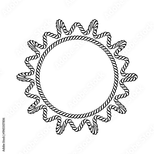 Oval rectangle and rope elements with western knot and circle. Boarder through ribbon frame and knit border isolated on white. Round candy icon and line wave ship design with subtle.