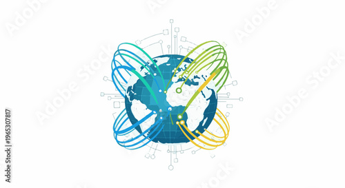 Stylized globe with orbiting colorful connections and digital grid