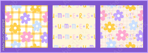 Flower seamless gingham and summer pattern cute with floral set kawaii. Small check spring and daisy print easter with pink girl botanical. Textile flower kids and plaid summer design