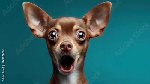 Close-up portrait of a surprised chihuahua dog with wide eyes and open mouth
