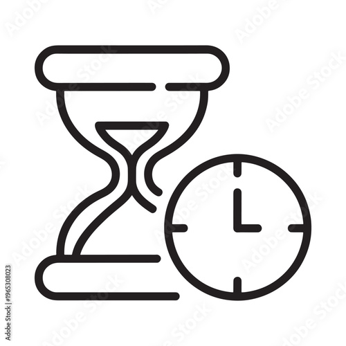 Simple line drawing depicts an hourglass and a clock symbolizing time