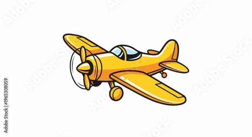 A cartoon yellow propeller plane in mid-flight on a white background