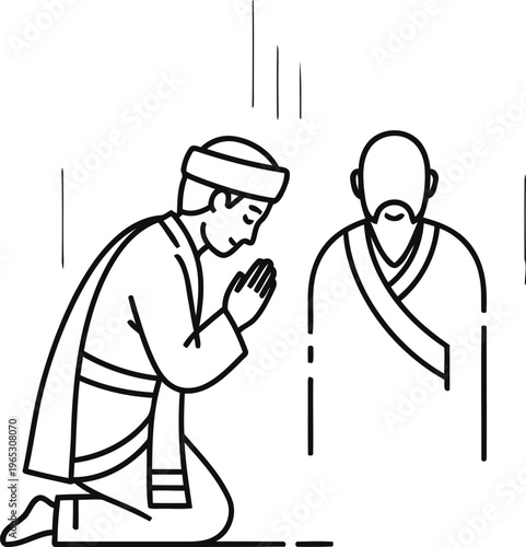 A young man kneeling and praying before a spiritual teacher with other students in background