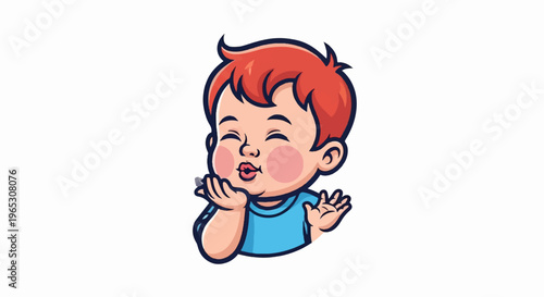 A cartoon child with red hair blows a kiss with eyes closed
