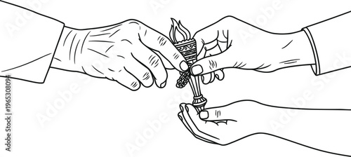 A line art illustration showing the symbolic passing of a flaming torch between two individuals