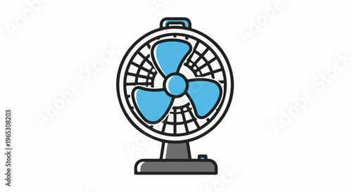 Stylized graphic of a portable electric fan with blue blades on a white background