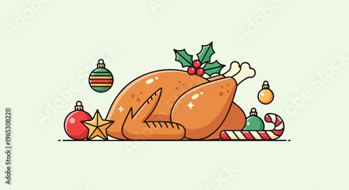 A festive illustration of a roasted bird with holiday decorations