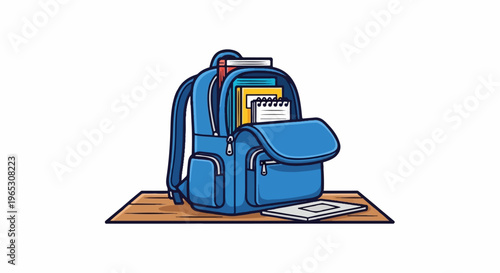 A blue backpack sits open on a wooden surface, filled with books and notebooks