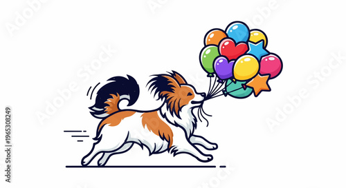 A cartoon dog runs while carrying a bouquet of colorful balloons in its mouth