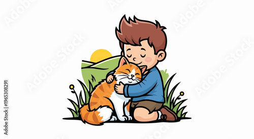 A boy hugs a ginger cat in a grassy field at sunset