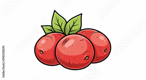 A cartoon illustration of three red potatoes with green leaves
