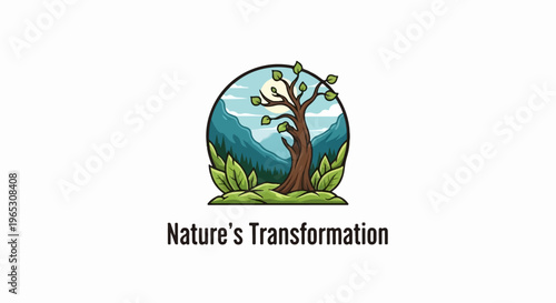 A stylized circular emblem depicts a lone tree on a hill, against mountains and sky