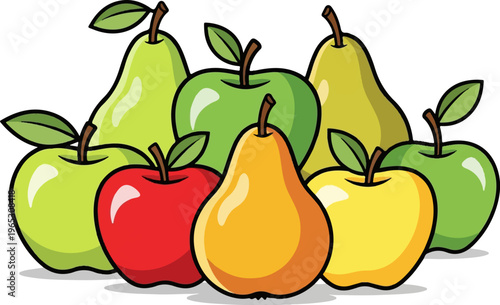 A colorful illustration of ripe apples and pears with stems