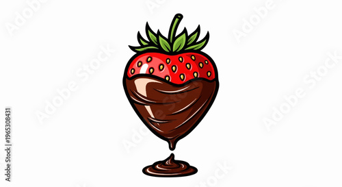 A red berry partially submerged in rich, dark chocolate, with a drip