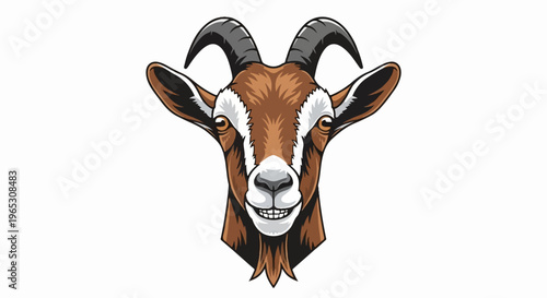 A stylized, front-facing brown goat's head with large horns and a grin