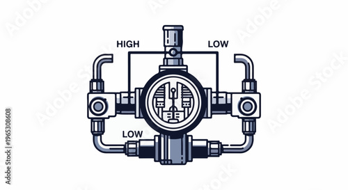 Stylized diagram of a fluid control system with pipes and gauges