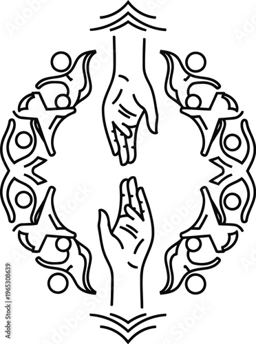 A circular line art illustration depicting a group of people connecting through reaching hands