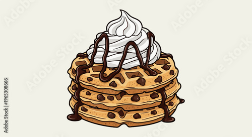 Stack of chocolate chip waffles topped with whipped cream and chocolate drizzle
