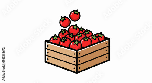 A wooden crate filled with ripe red tomatoes, with three falling