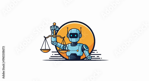 A robotic figure holds scales of justice against a circular orange background