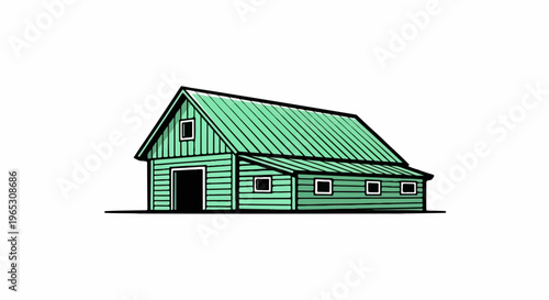 A simple, hand-drawn barn with a green roof and walls