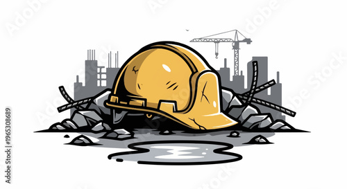 A yellow hard hat lies in rubble with construction in the background