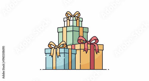 Stack of colorful wrapped gifts with bows for celebrations