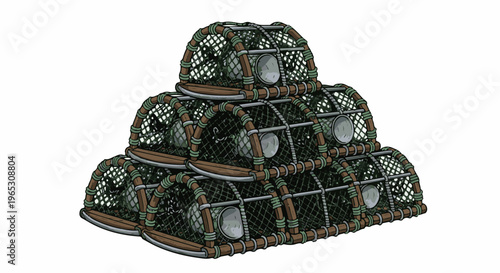 Stack of dark green, mesh fishing traps with wooden frames
