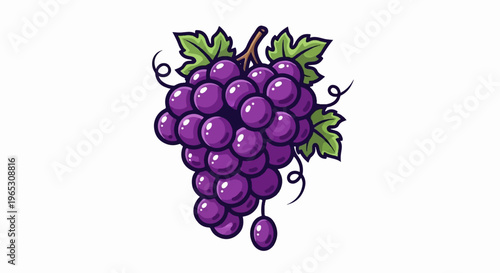 A bunch of plump purple grapes with green leaves and tendrils