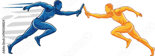 Two stylized runners in mid-stride, passing a baton in a relay race