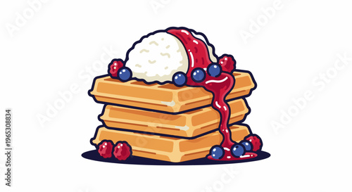 Stack of golden waffles topped with ice cream, berries and syrup