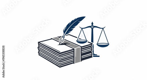 Stack of documents with quill pen and balance scales, symbolizing justice