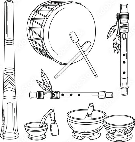 A collection of traditional musical instruments including drums flutes and bowls for meditation